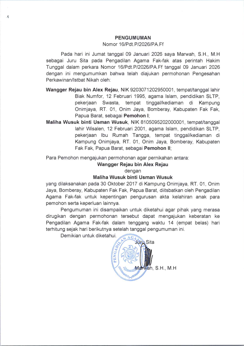 PENGUMUMAN ISTBAT NIKAH 15