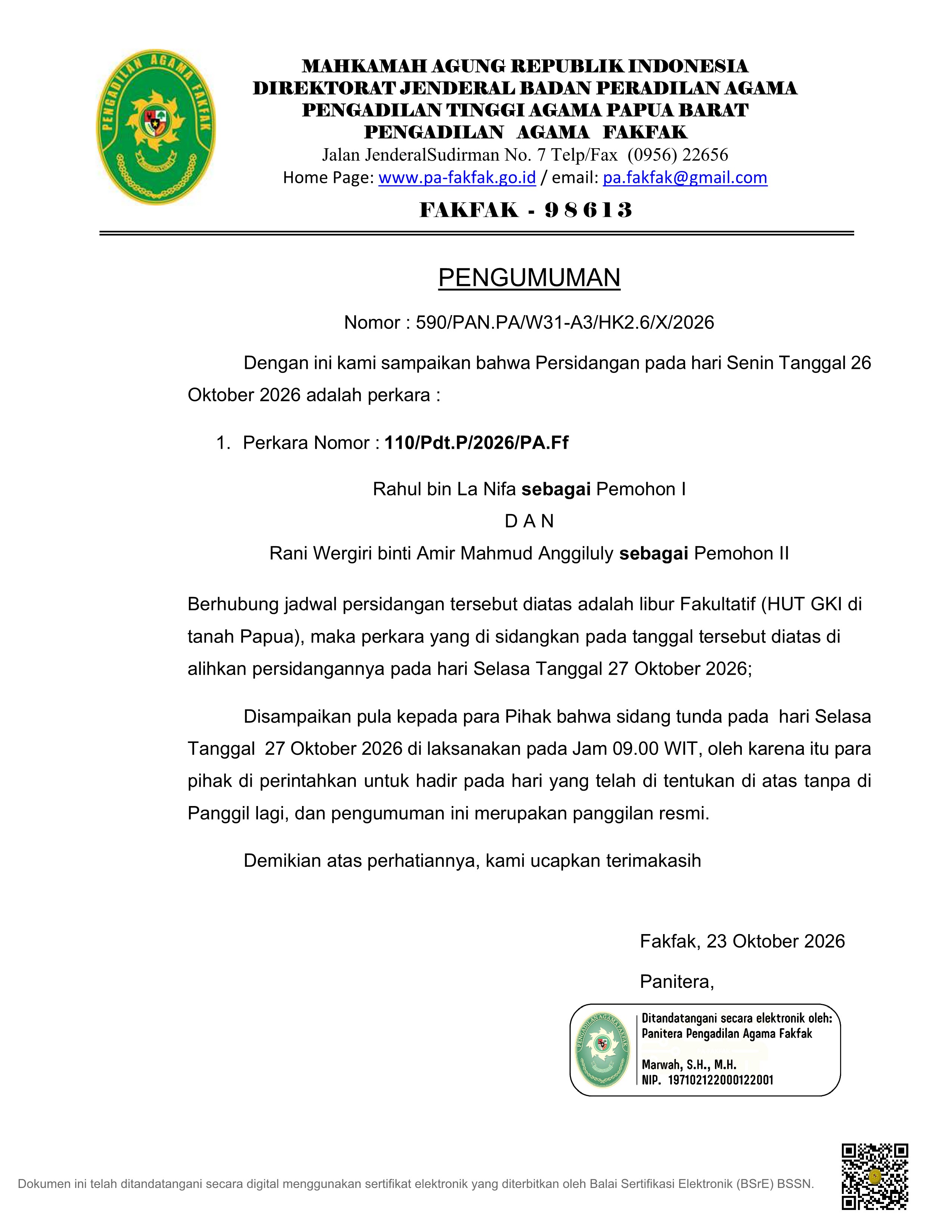 Pengumuman Penundaan Sidang 1