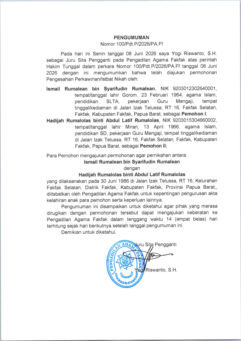 Pengumuman isbat nikah 100