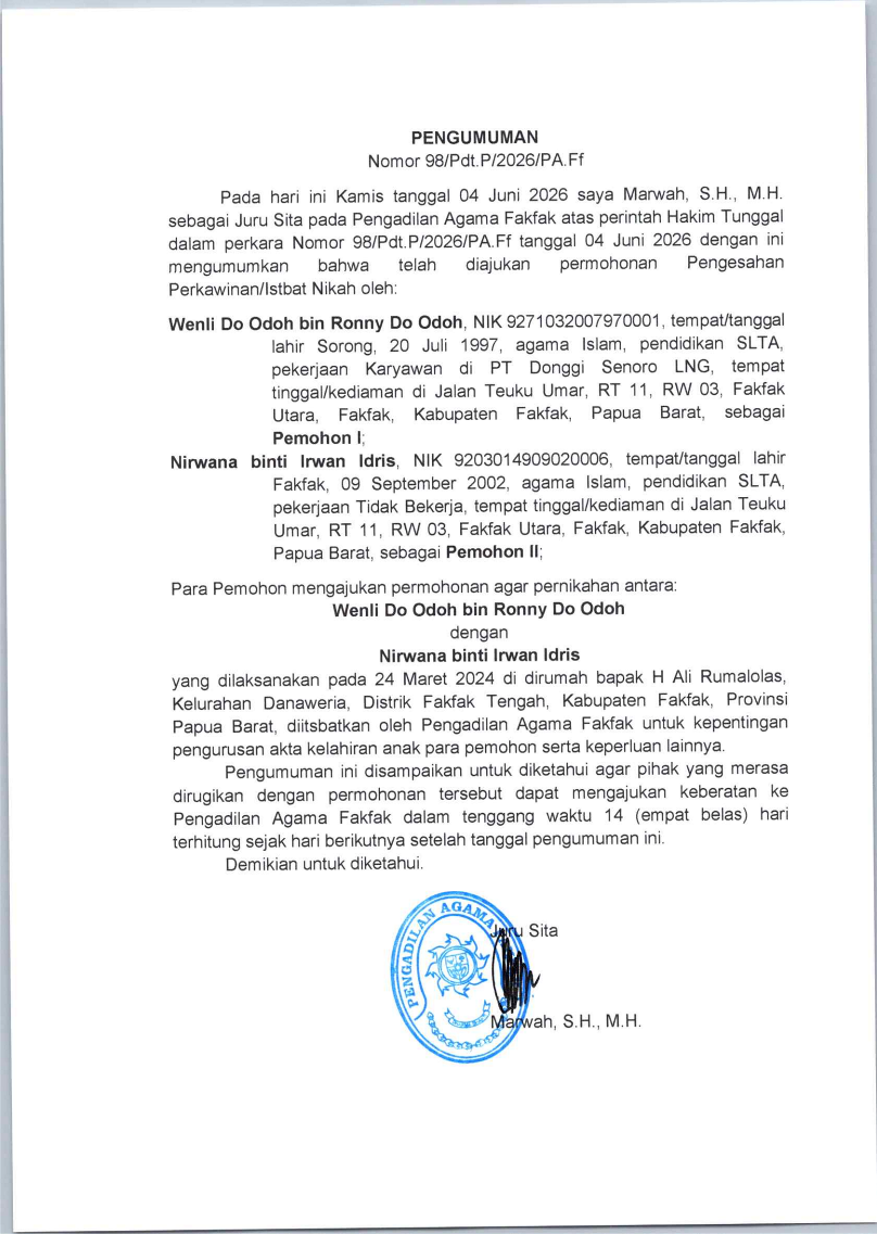 Pengumuman isbat nikah 98