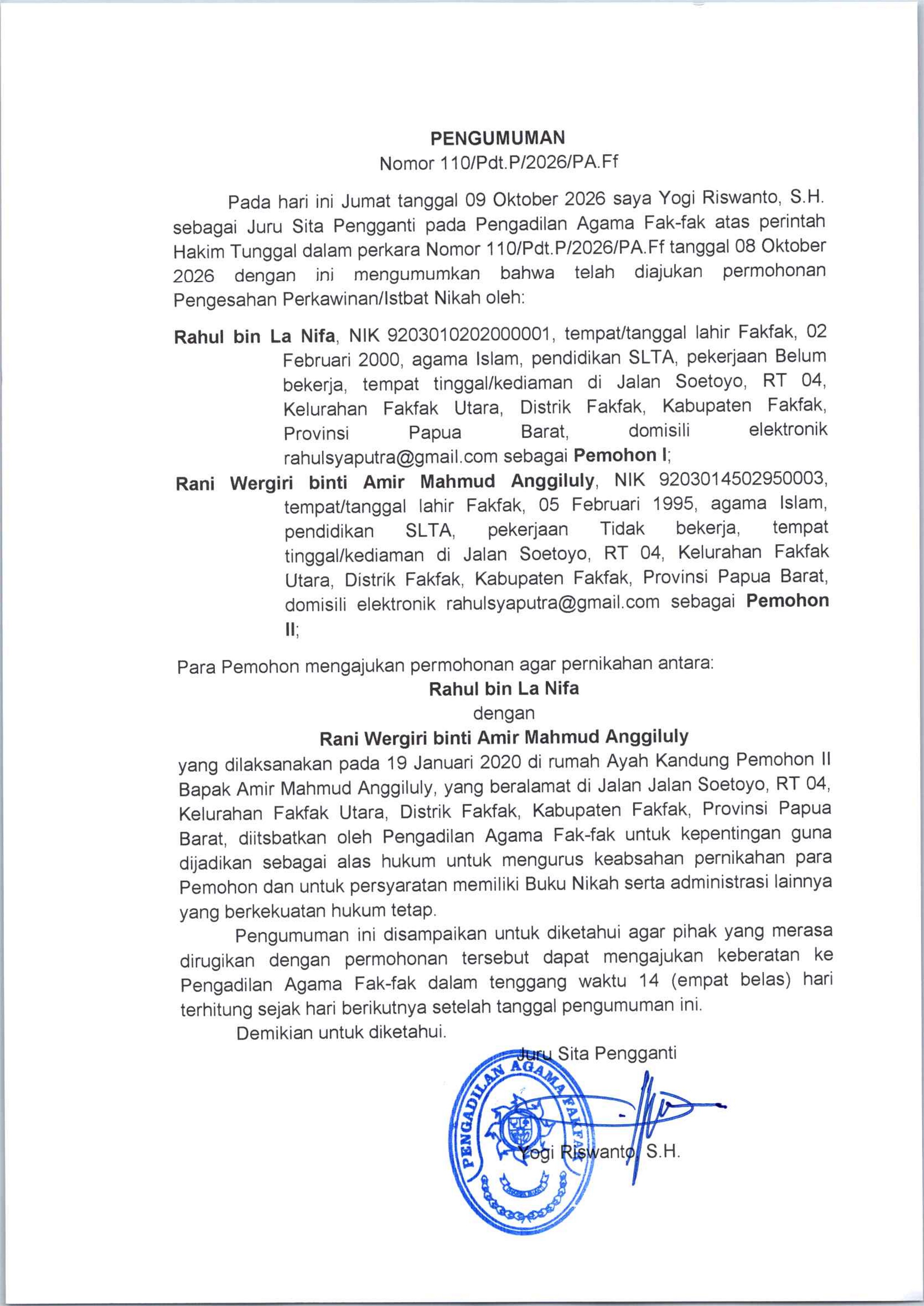 Pengumuman isbat nikah no 110